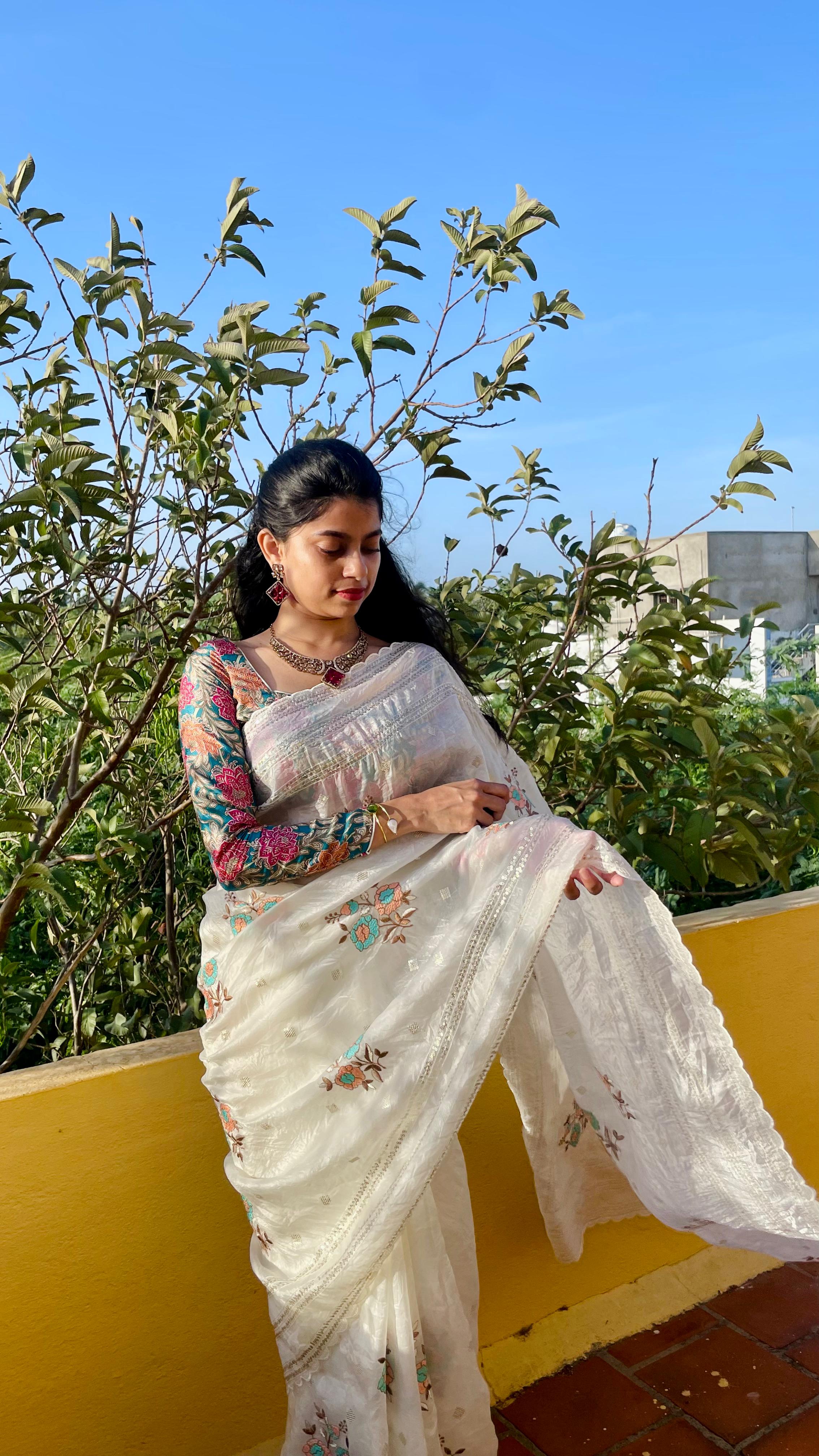 Sita - Paper crushed tissue embroidery saree