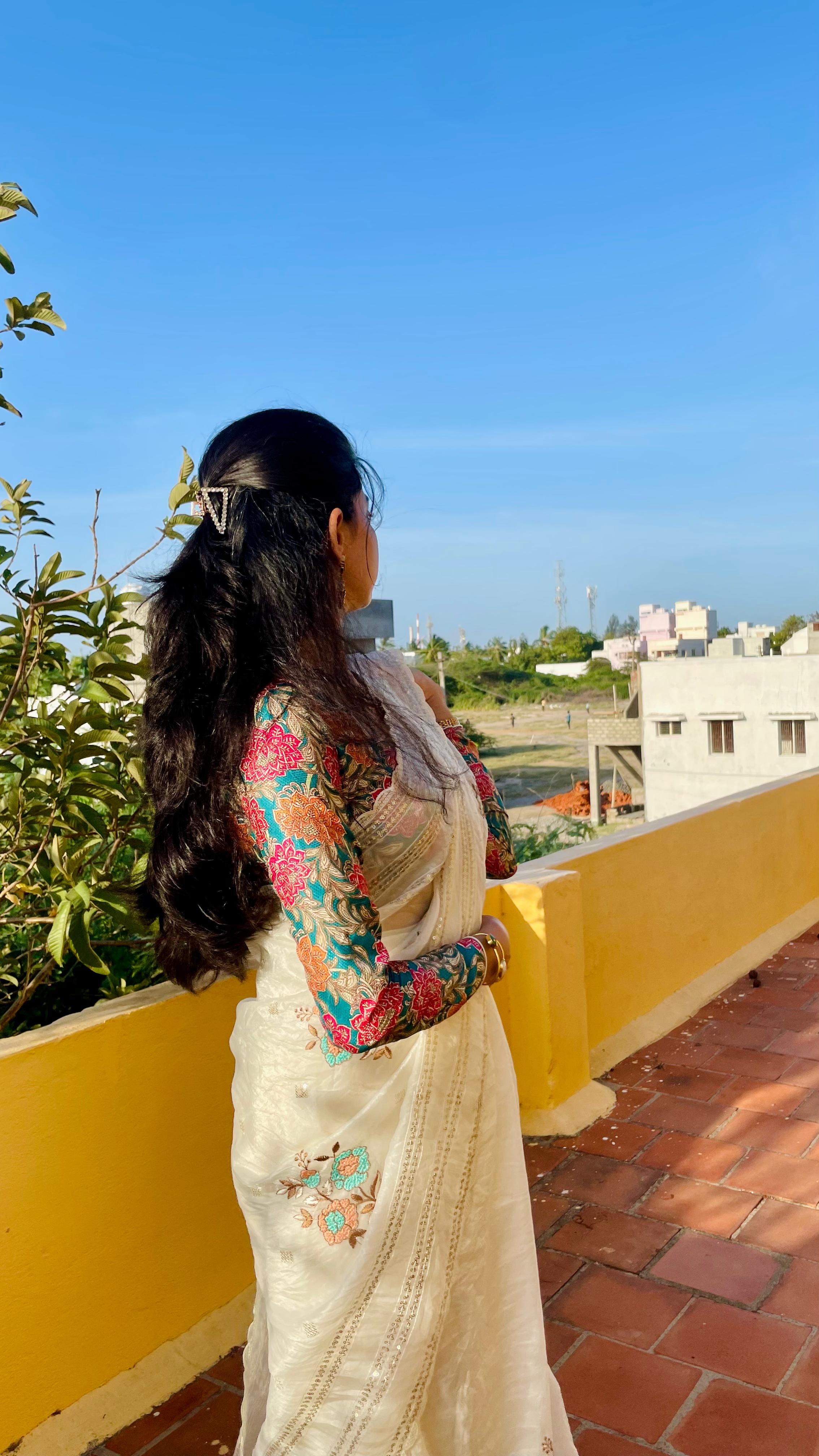 Sita - Paper crushed tissue embroidery saree